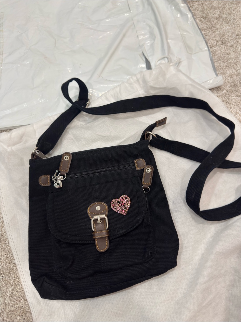 Black Crossbody Canvas Shoulder Bag with Heart Accent Pin